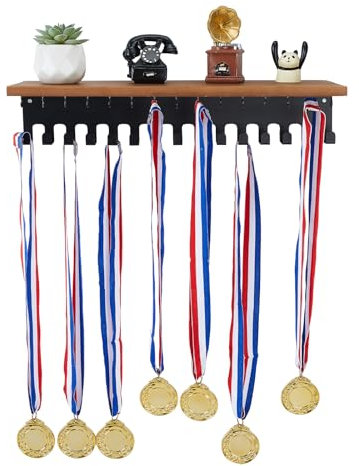 SUPERDANT Porta medallas de pared de madera y estante para trofeos expositor para medallas con 30 ganchos expositores porta medallas expositor de pared para medallas regalos para atletas