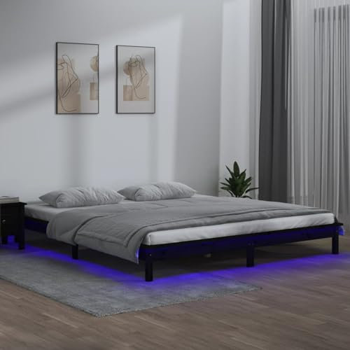 Buzaza Massivholzbett Bettgestell Bed Frame Bett Mit Bettkasten Hausbett Bett Massivholz mit LED-Beleuchtung Schwarz 200x200 cm