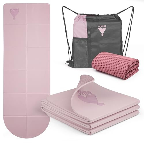 YoVibe - Tappetino Yoga Antiscivolo Professionale con Telo Fitness e Sacca Sportiva - Tappetino Pilates Pieghevole Antiscivolo e Impermeabile 183x60 cm (Rosa)