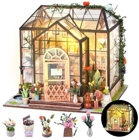 Maison de Poupée en Bois Miniature, Maison a Construire Kit,DIY Miniature De Jardin House avec Meubles et Lumière LED, Cadeau de Bricolage pour Adultes(Serre de Jardin)