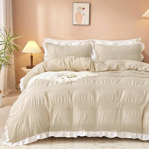Guchuang Bedding Duvet Cover Set Double Size Beige Ruffled Seersucker | 3-Piece Soft Microfiber Bedding Set Wrinkle-Resistant Lightweight with Hidden Zipper 200x200cm