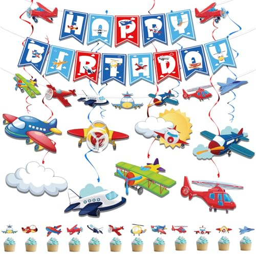 SKIRUP Aviator Themed Party Decoration Happy Birthday Banner and Garland,Cupcake Toppers Airplanes Hanging Swirl,Airplane Foil Balloons for Up Up and Away Party, Plane Theme Birthday Party