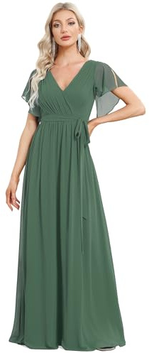 Ever-Pretty Kleid für Hochzeit, Gast, lang, Damen, V-Ausschnitt, Chiffon, A-Line, kurzärmlig, Plissee, schick, EE0164A, Eukalyptusgrün, 40
