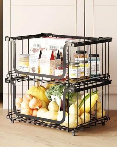 UMDONX 2er Obstkorb Drahtkorb mit Henkel Stapelbar Metallkorb Schwarz 39,5x32,5x20cm Groß Rechteckig Gitterkörbe Aufbewahrungskörbe für Obst und Gemüse