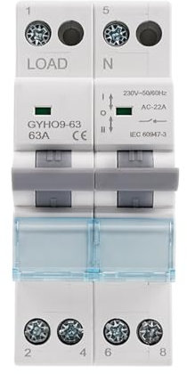 Jadeshay Commutatore 2 Posizioni,63A 230VAC Interruttore di Trasferimento Alimentazione Manuale Interruttore Magnetotermico Separatore di Carico con Indicatore di Stato dell'alimentazione