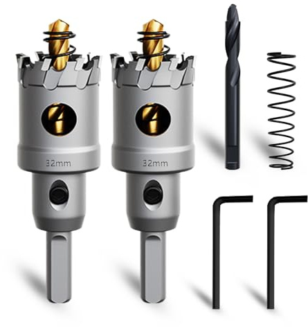 METOTY Lot de 2 scies cloches de 32 mm pour métal, carbure cémenté, foret en carbure de tungstène, avec un foret de guidage nitré supplémentaire gratuit et une clé en L, pour acier, fer, aluminium