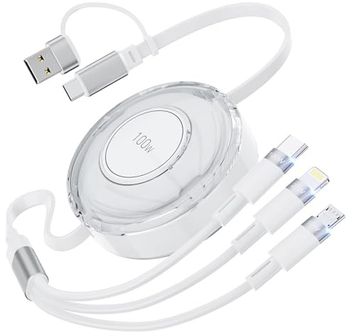 100W Multi Charging Cable, 3-in-1 Retractable USB-C/A to Lightning/USB-C/Micro Fast Charger Cord for Multiple Devices, for iPhone 17 16 15, Samsung, MacBook, iPad (White)