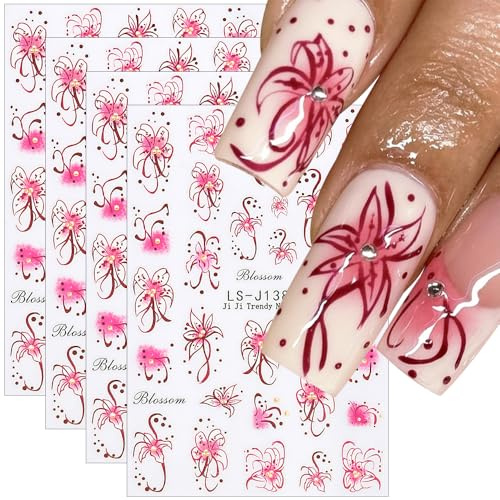 4 Blätter Frühling Sommer Lilie Flower Nagelsticker Blumen Sticker Nägel Weiß Rosa Lilien Nail Sticker Blumen Nagelaufkleber Blooming Lilies Flowers Nagel Aufkleber Nageldesign Nägel Zubehör Nail Art