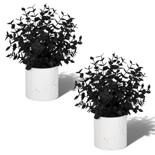 ZENIDA 2 Pack Halloween Artificial Plants in Pots, Black Fake Eucalyptus Plants for Spooky Home Décor, Desk, Shelf, Office, Bathroom & Coffee Table Decoration