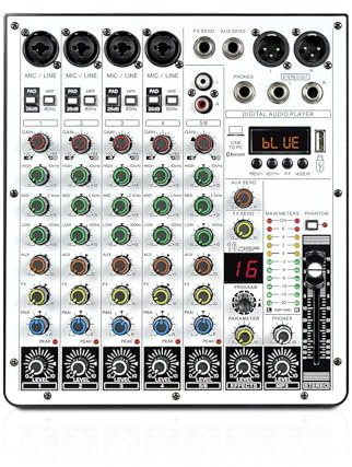 Mixer Audio, Mixer a 6 canali, Mixer DJ con interfaccia USB, Funzione Bluetooth, 16 Effetti DSP per Studio di Karaoke, Streaming e Registrazione