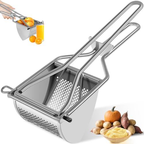 Presse Puree Manuel Acier Inoxydable avec Poignée Ergonomique, Broyeur Ecrase Pomme Terre Multifonctionnel, Pressoir Fruit Lave-Vaisselle Passe, Accessoires Cuisine pour Pommes Terre, Fruits, Légumes