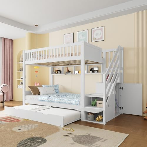 NNJN Litera infantil, con cama nido, con estantería, con armario, con compartimento de almacenamiento, 90 x 200 cm, blanco (sin colchón)