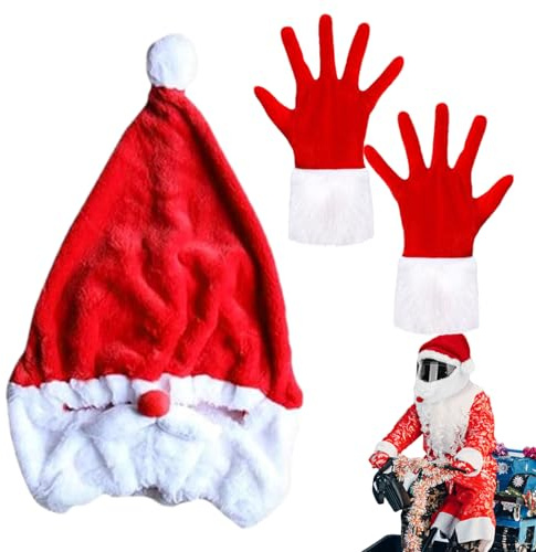 Nikolausmütze für Motorrad-Kopfbedeckung, lustige Plüsch-Motorradabdeckung mit Weihnachtshandschuhen, Weihnachts-Motorrad-Kopfbedeckung, Weihnachtsmannmütze, Dekoration für Männer und Frauen