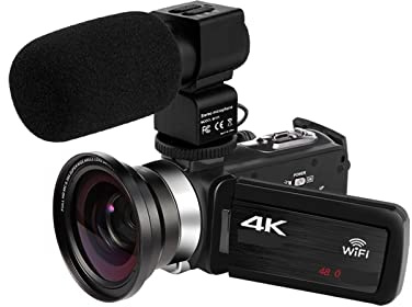 Caméra numérique Full 4K Caméscope Caméras vidéo numériques Diffusion en Direct 18X Photographie Vlogging Enregistreur Webcam Ultra HD Cadeau pour débutants(NO SD Card,with Lens Microphone)