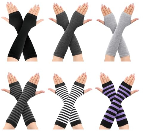 Meng Jiaran 6 Pairs Arm Warmers for Women, Y2k Striped Colorful Fingerless Gloves with Thumb Hole Long Sleeves Gloves for School Office Outdoor Accessories