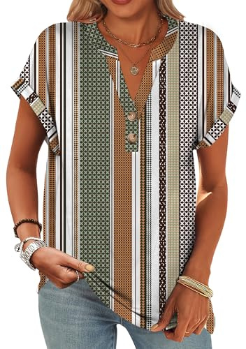 ANRABESS Womens Short Sleeve Henley Tops V Neck Dressy Casual Blouses Summer Trendy Tee Shirts 2026 Vacation Fashion Clothes Brown White Strip X-Large
