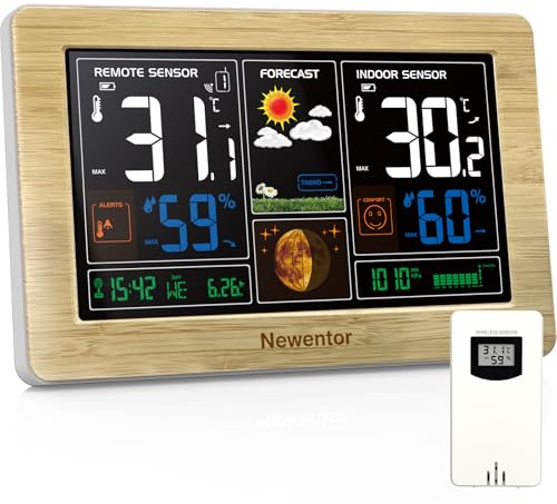 Newentor Wetterstation Funk mit Außensensor | Einfach einzurichten,Thermometer und Hygrometer, Wettervorhersage, Temperaturwarnung, Holzfarbe, 1 Außensensor.