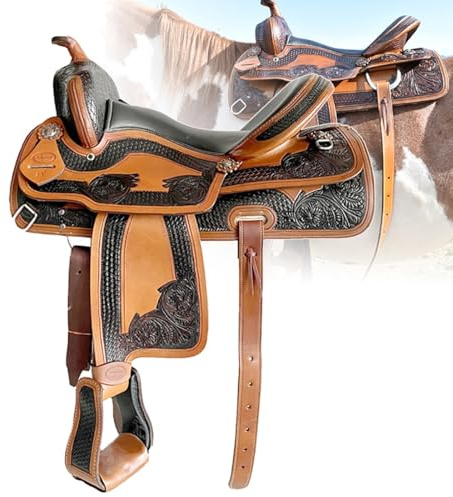 Pferdesattel-Set, Premium Leder Reitsattel für Rennen & Trail, 38,1 cm bis 40,6 cm