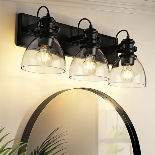 Audickic 3-Light Bathroom Light Fixtures, 23 Black Vanity Light with Clear Glass Shades, Vintage Retro Vanity Lighting Fixtures Over Mirror, AD-22151-3W-BK