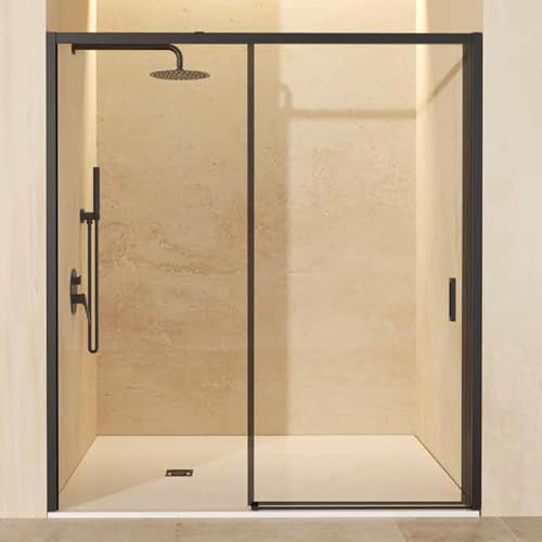 Mampara Ducha Frontal 1 Fijo + 1 Puerta Corredera | Vidrio Templado 6mm Antical | Altura 195cm | Perfil Negro Mate 130cm (adap. 126,1-131)