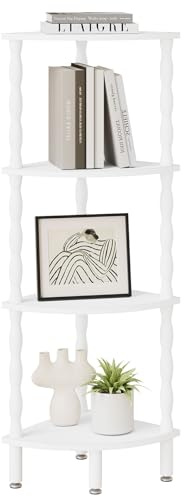 IBUYKE 4-Tier Corner Shelf,Stylish Corner Bookshelf for Small Spaces,Industrial Corner Storage Display Shelves,Small Corner Table for Bedroom,Bathroom,Kitchen, White WBC019W