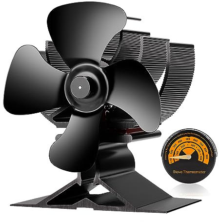 Wood Stove Fan-Small Size,2023 Upgrade 4 Blades Silent Operation with Stove Thermometer for Wood/Log Burner/Fireplace,Eco Friendly and Efficient Heat Distribution