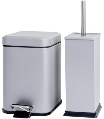 Harbour Housewares Bathroom Bin & Brush Set - Grey - 2pc Square Stainless Steel Pedal Bin & Toilet Brush Set Slim Small Trashcan for Kitchen Waste, Bathroom Rubbish