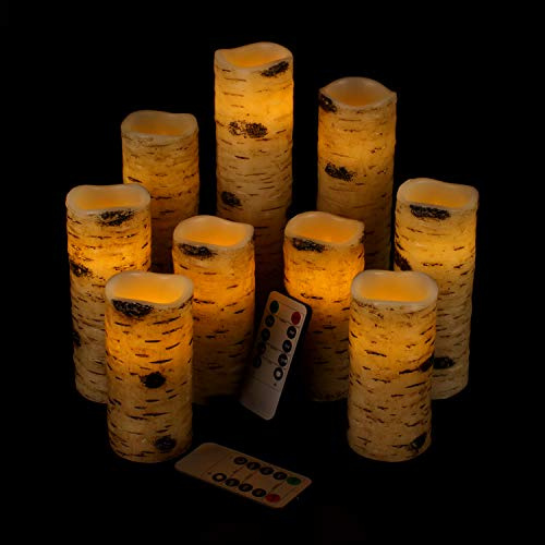 Vinkor Flameless Candles Battery Operated Candles Birch Effect 4 5 6 7 8 9 Set of 9 Real Wax Pillar LED Candles with 10-Key Remote Control 2/4/6/8 Hours Timer