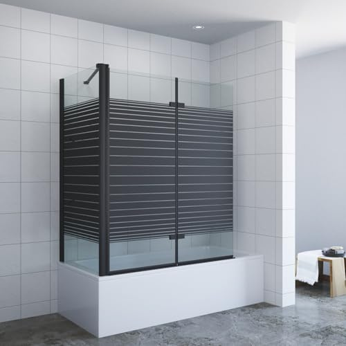 AQUABATOS Badewannenaufsatz Eck Glas mit Seitenwand schwarz matt 120 x 70 x 140 cm Eckdusche Industrial Style Eck-Duschtrennwand faltbar für Badewanne Duschfaltwand Glas 5 mm Sicherheitsglas NANO