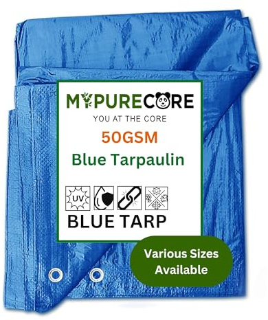 MYPURECORE Large Blue Tarpaulin in Various Sizes - Durable, Water & UV Resistant Tarp Plastic Sheet for Outdoor, Camping, Tent Groundsheet & Garden - Ground Sheet for Versatile Use (4m x 4m)