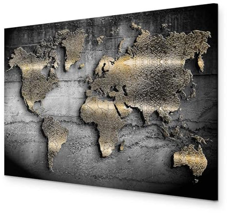 B&D XXL - Weltkarte Bilder für Wohnzimmer 90x60 cm 1 tlg Modern Leinwandbild Groß Wandbilder auf Leinwand XXL Schlafzimmer Wanddekoration Abstrakte Landkarte - Kontinente Schwarz k-A-0498-b-a