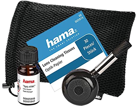 Hama Kamera Reinigungsset 4-teilig für professionelle Nassreinigung (Objektiv, Sensor und Kameralinse reinigen, Blasebalg mit Pinsel, Reinigungsflüssigkeit, Optik Papier, für DSLR, Brille, Fernglas)