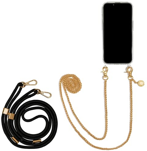 Jalouza Handykette, Kordel & Hülle Bundle kompatibel mit iPhone 13 - Zopfkette in Gold und Kordel in Farbe Schwarz-Gold Plus Handyhülle zum umhängen