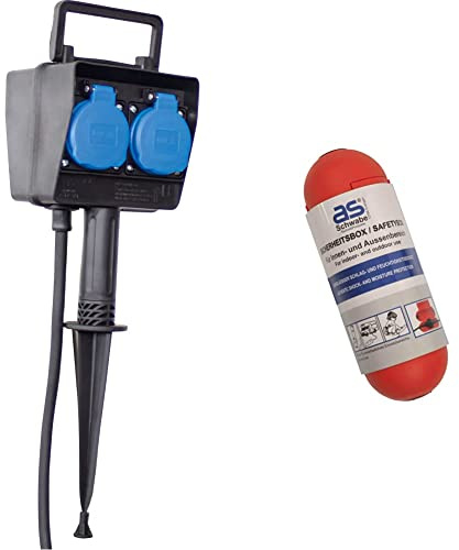 as - Schwabe Erdspieß-Verteilersteckdose, Steckdosenverteiler mit 2m H07RN-F 3G1,5, 230V, 16A, IP44, Schwarz, 60684 & Sicherheitsbox – Sicherheit für Schuko - Stecker und Buchse – Rot I 48707