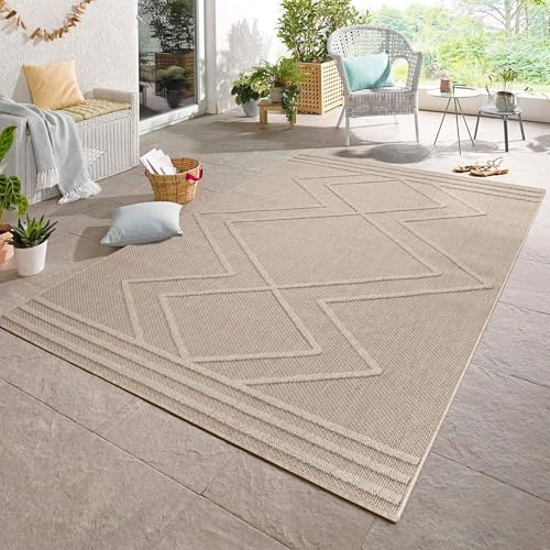 Carpetsale24 In & Outdoor Bouclé Teppich wetterfest Beige 160x230 cm Skandinavische Boho Design 3D Hoch Tief Effekt für Balkon Garten oder Wohnzimmer