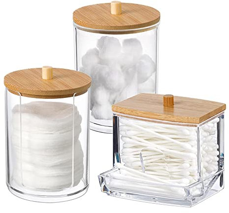 Vasemele Wattestäbchen Behälter 3 Stück Wattestäbchen Halter mit Bambusdeckel Acryl Wattepads Aufbewahrung Wattestäbchen Spender Wattepad Halter für Make Up Organizer Badezimmer Schminktisch Zubehör