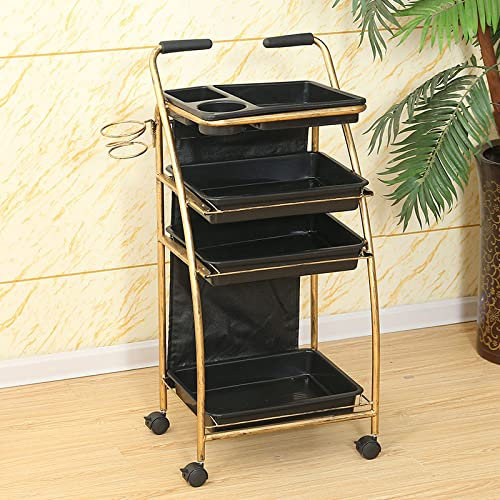 Friseurwagen Gold Retro Salon Lagerwagen mit 4-5 Schubladen Schwarz,mit Fönhalter Friseur Rollwagen Haare Spa Ablagefach Arbeitswagen Rollwagen Stapelboy 29X41X88CM
