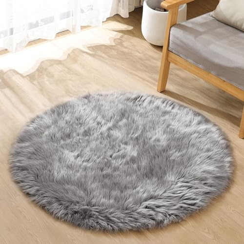 ORINOVA Teppich Rund Grau Flauschig Fellteppich 90 cm Kunstfell Teppich Kuschel Schlafzimmer Weich Hellgrau Deko Wohnzimmer Waschbar