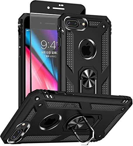 Jihucase for iphone 8 Plus Case, iphone 7 Plus Phone Case with HD Screen Protector, Military Grade Ring Shockproof Protective Phone Case for iphone 8/7 Plus,Black