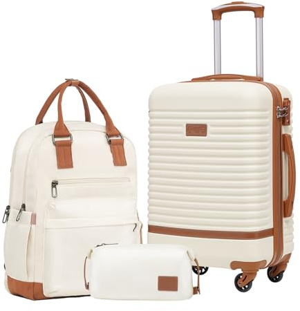 COOLIFE Set di Valigie,Trolley da Viaggio con 4 Rotelle Girevoli a 360° TSA Serratura 1 zaino da viaggio e 1 Borsa da toilette Incluso (Albicocca/Bianco, Set di valigie 3pzs (20))