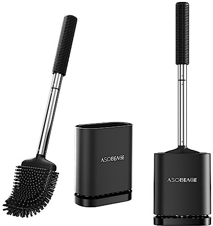 ASOBEAGE Silicone Toilet Brush: Flexible Head, Stainless Steel Handle, Wall-mounted, Quick-drying Holder for Bathroom Clean (Black, 2 Packs)