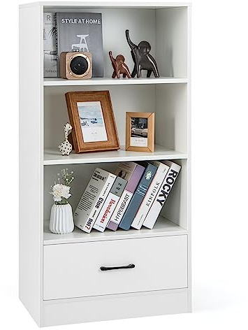 COSTWAY 120cm Bücherregal mit Schubladen, 4 Ebenen Lagerregal aus Holz, Standregal (Weiß)