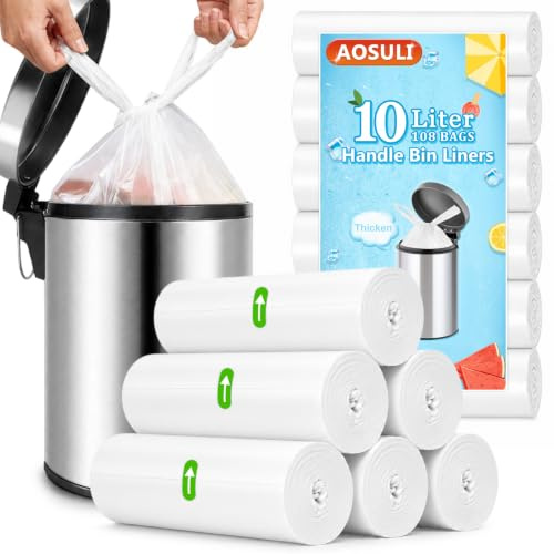 AOSULI 10L Bin Liners, Clear and White Small Bin Bags for Office, 108 Count | Leak-Proof, Strong Bin Bags, Tear-Resistant, Unscented, Easy to Replace, Ideal for Daily Waste