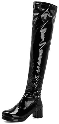 EXECAB Overknee-Stiefel für Damen, sexy seitlicher Reißverschluss, Lackleder, quadratische Zehenpartie, Schwarze Plateaustiefel, hohe Damenstiefel für Party, Abschlussball,Schwarz,45 EU