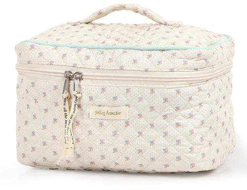 Yeria Make up Tasche, Groß Gesteppte Makeup Bag Aesthetic, Gesteppte Kulturtasche Damen, Baumwolle Make up Tasche mit Blumenmuster für Kinder Damen (A1)