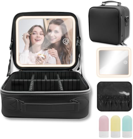 Amlope Kosmetiktasche mit Beleuchtetem Spiegel Einstellbare 3 Farben LED Leuchten Damen Kosmetiktasche mit Henkel Teilbarer Professionelle Make up Organizer Make-up Etui (Schwarz)