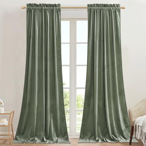 StangH Nursery Kids Sage Green Velvet Curtains 96 inches Room Darkening Noise Reducing Sliding Door Covering for Living Room/Closet/Bedroom/Patio, W42 x L96, 2 Panels