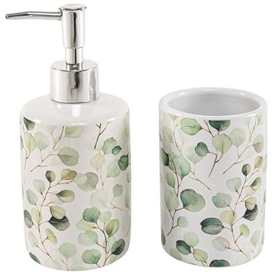 ROCKING GIFTS Set de Salle de Bain Motif Feuilles, Distributeur de Savon et gobelet en céramique, Style élégant et Minimaliste