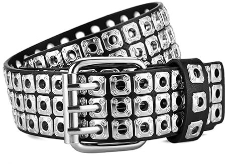 NALANY Nietengürtel Mit 3-Lochnieten, ösen Und Dornschließe Für Damen Und Herren Metall Punk Rock Glitzer Rivet Hohle Ledergürtel,40mm Breit(110cm/43, Bright Silver)