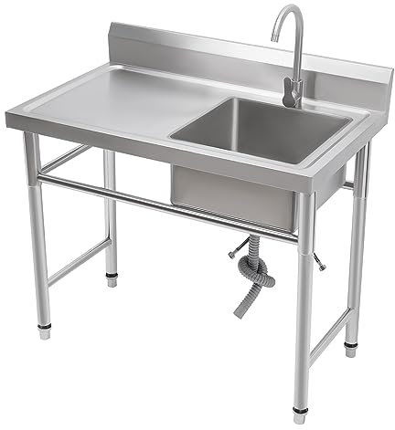 DAOHHFO diskbänk i rostfritt stål 100 × 60 × 93 cm diskbänk gastronomi 1 handfat fristående rostfritt stål diskbänk med kran för utomhusbruk, inomhus, kök, restaurang (höger diskbänk)